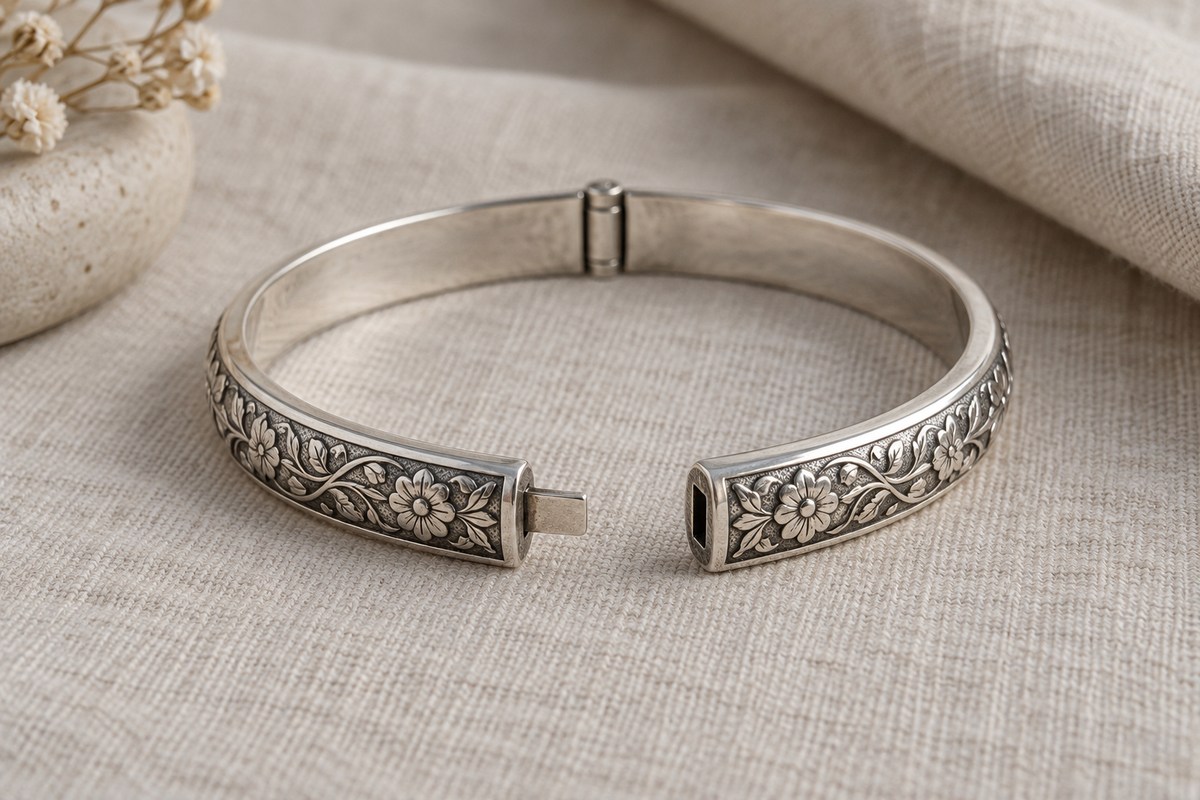 An oval silver bangle opened at its clasp with a small hinge opposite the opening.