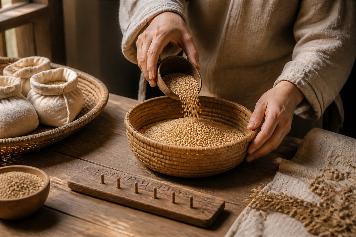 Hands measure grain into a woven basket beside a plain wooden tally