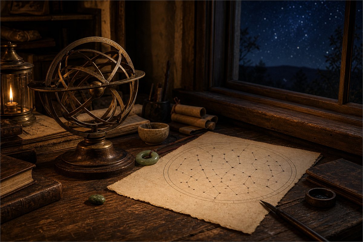 Bronze astronomy instrument and an unlabeled star chart beside a night window