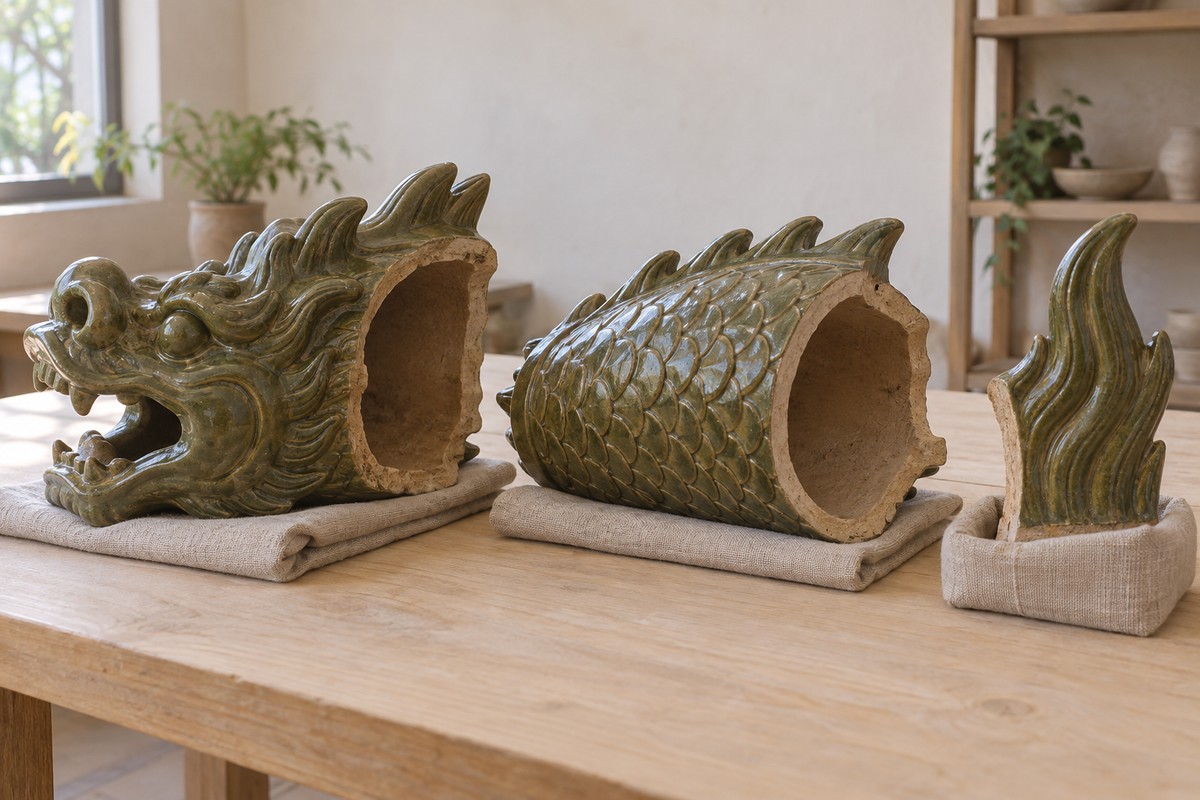 Several hollow ceramic ridge-ornament components resting on a workbench