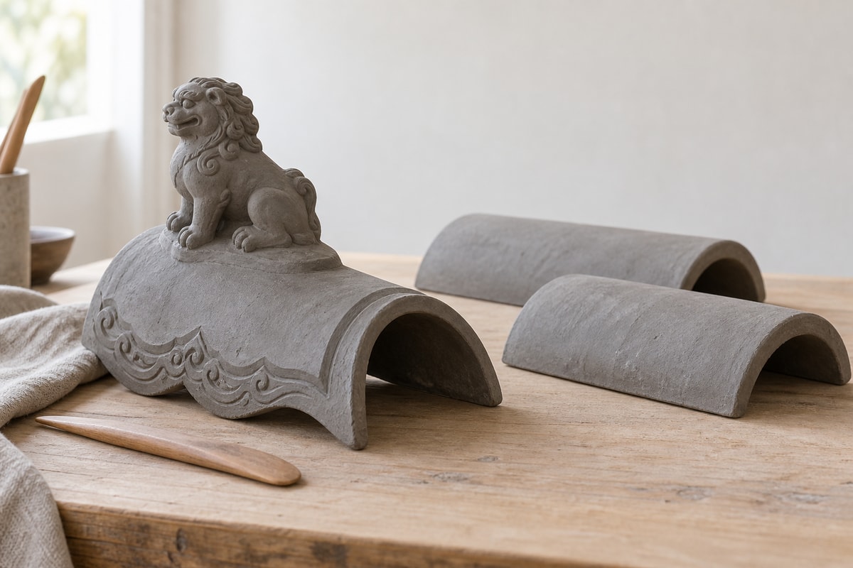 A hollow lion-shaped ridge cap and two plain curved ceramic tiles on a workbench.