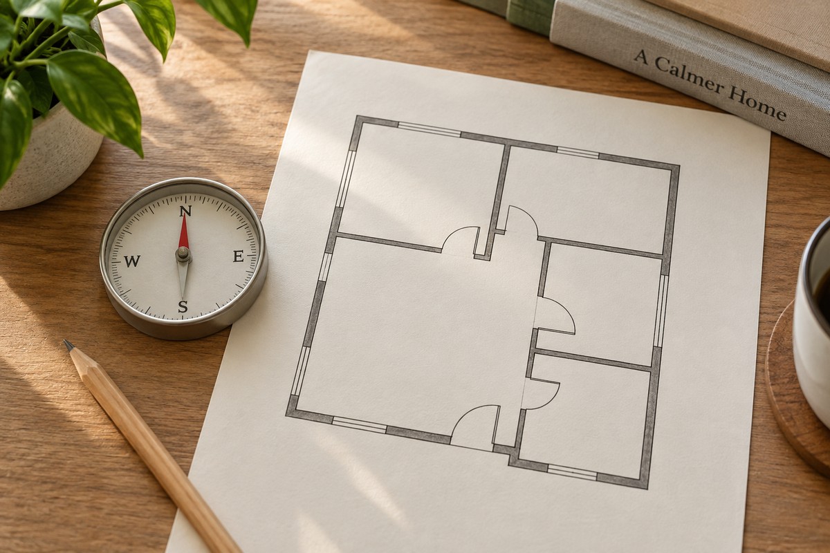 A small compass and pencil beside an unlabelled home floor plan.