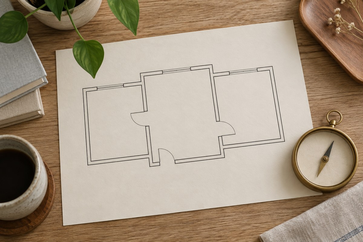 An unlabeled floor plan and a simple compass on a wooden desk.