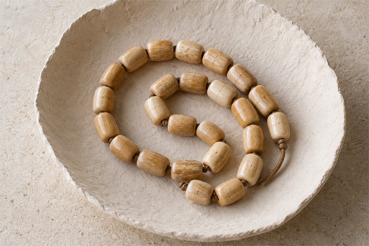 Honey and caramel bone beads in a shallow handmade paper dish.