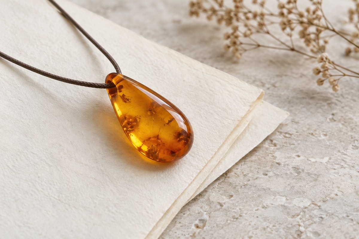 A honey-colored teardrop pendant rests on folded ivory paper.