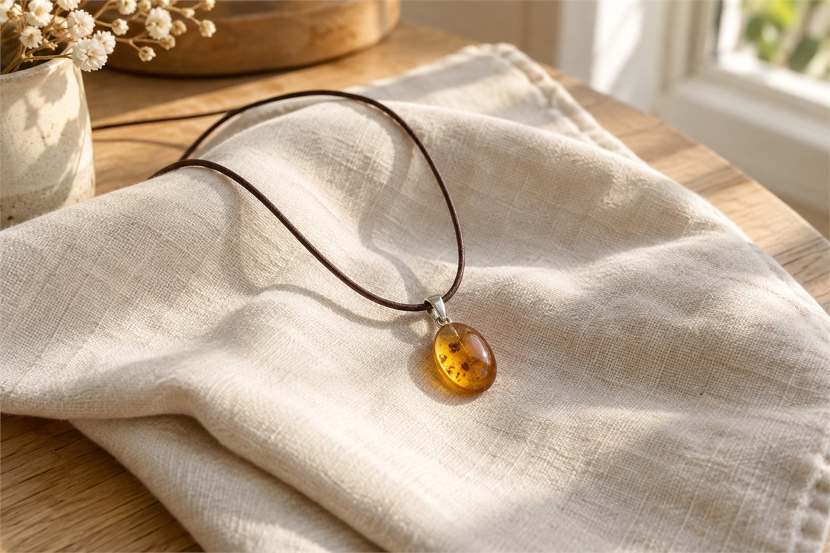 Honey-colored pendant and brown cord on folded ivory cotton.