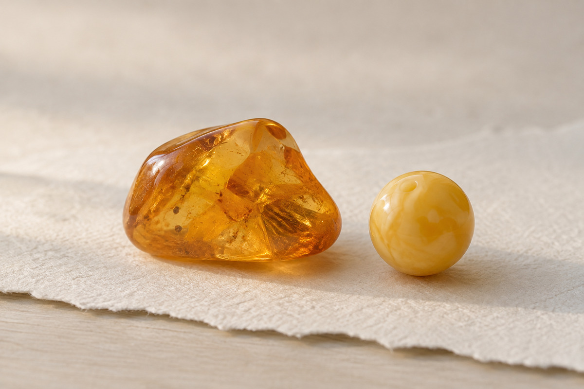 A translucent honey-colored pebble and a creamy opaque bead on ivory paper.