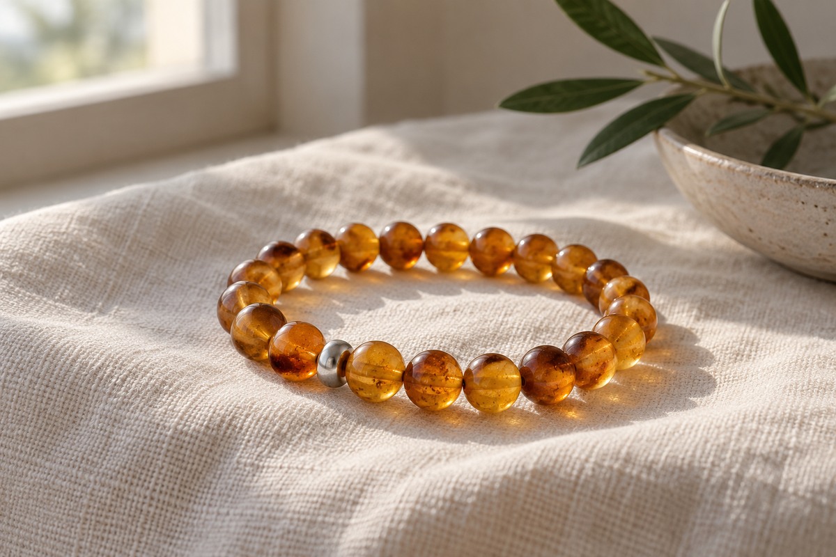 A bracelet of translucent honey-colored beads includes one brushed silver spacer.