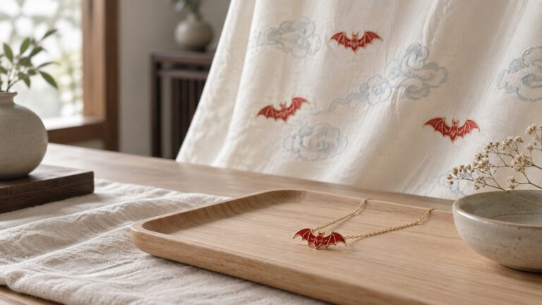 An ivory textile hanging with red bats and clouds beside a small red bat pendant.