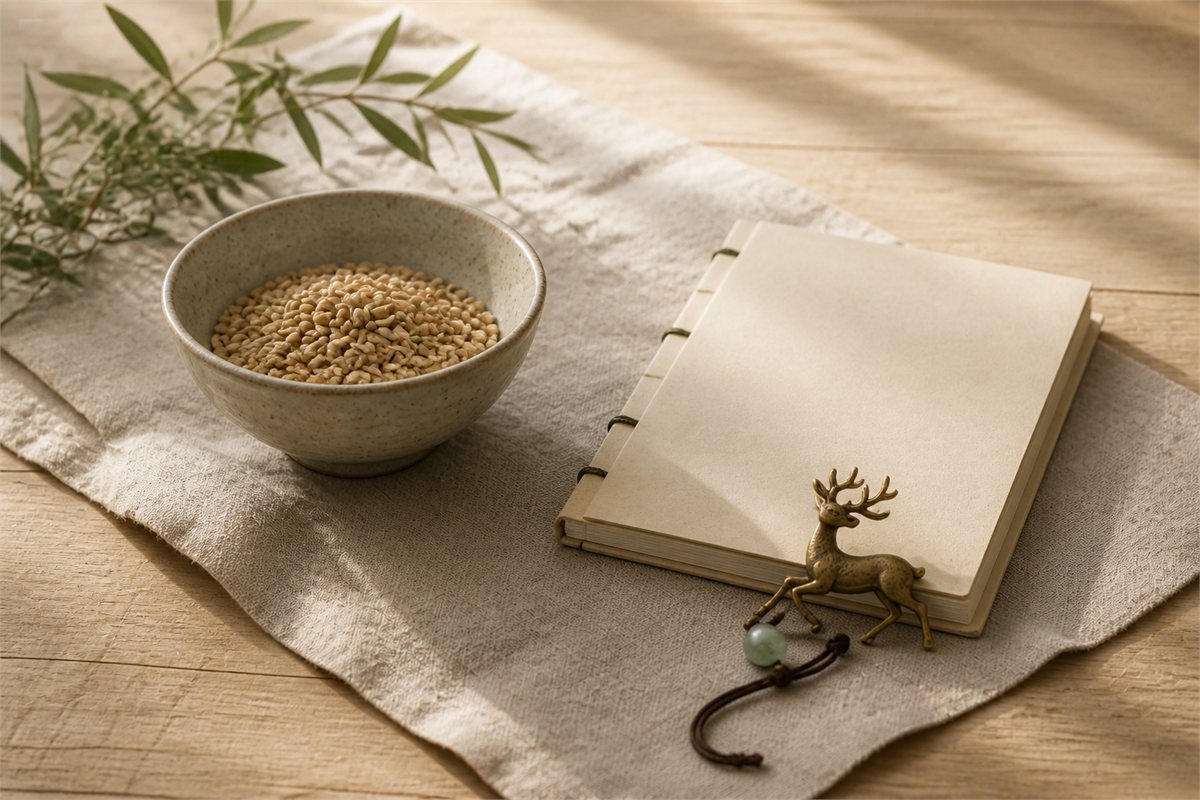 A bowl of grain, blank notebook, and brass deer charm on linen