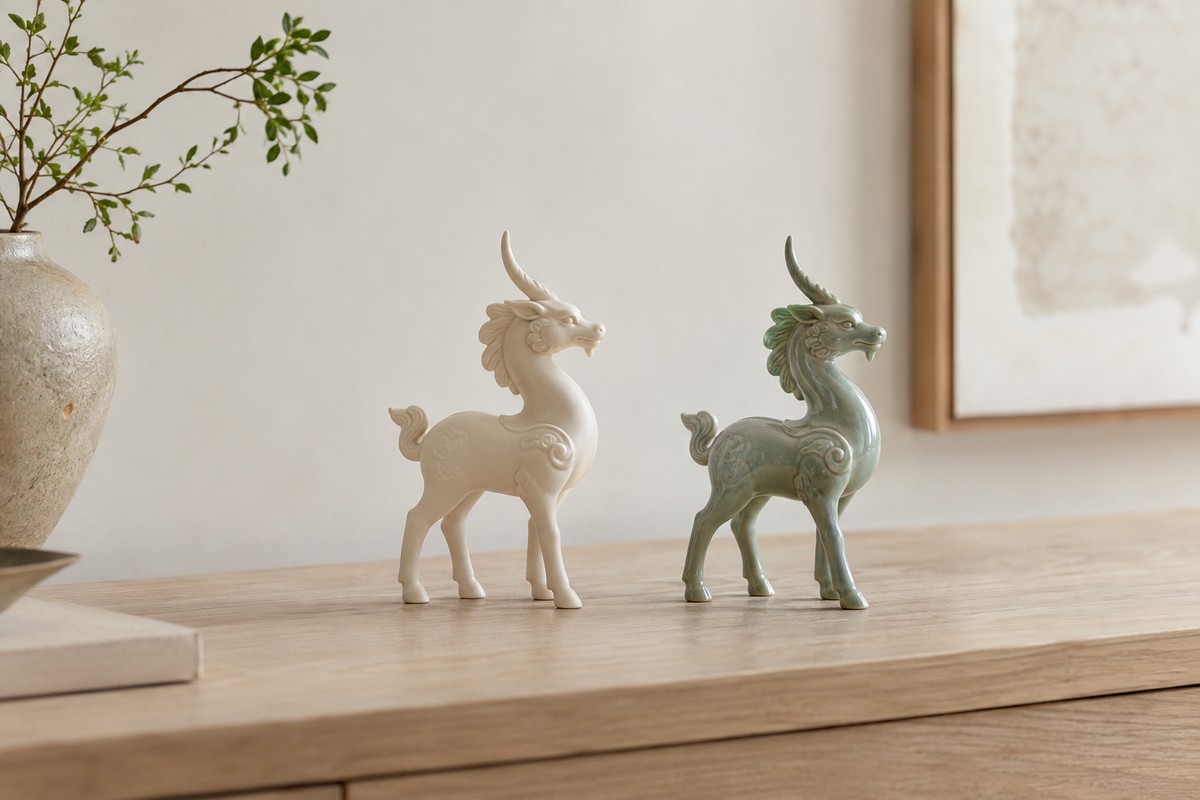 Pale ceramic and muted green ceramic beast forms stand together on light wood.