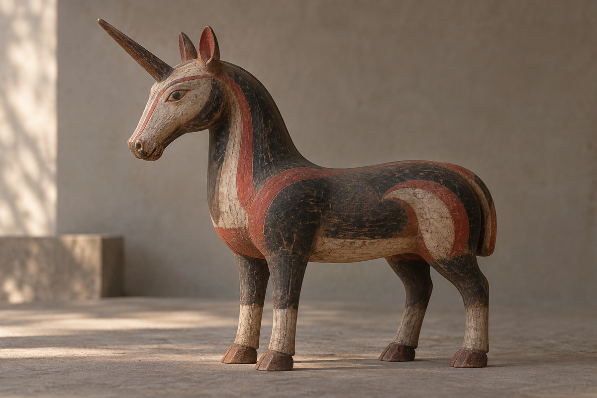 Simply carved painted wooden animal with a single horn
