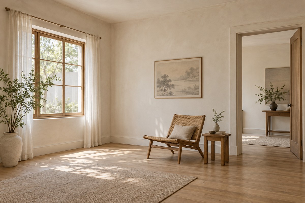 A quiet room with a window, doorway, chair, and clear floor space.
