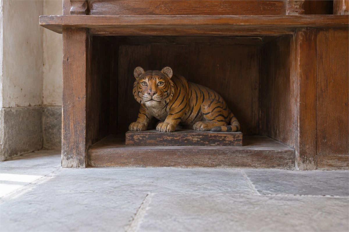 Painted ochre tiger figure in a low wooden shrine niche above a stone floor.