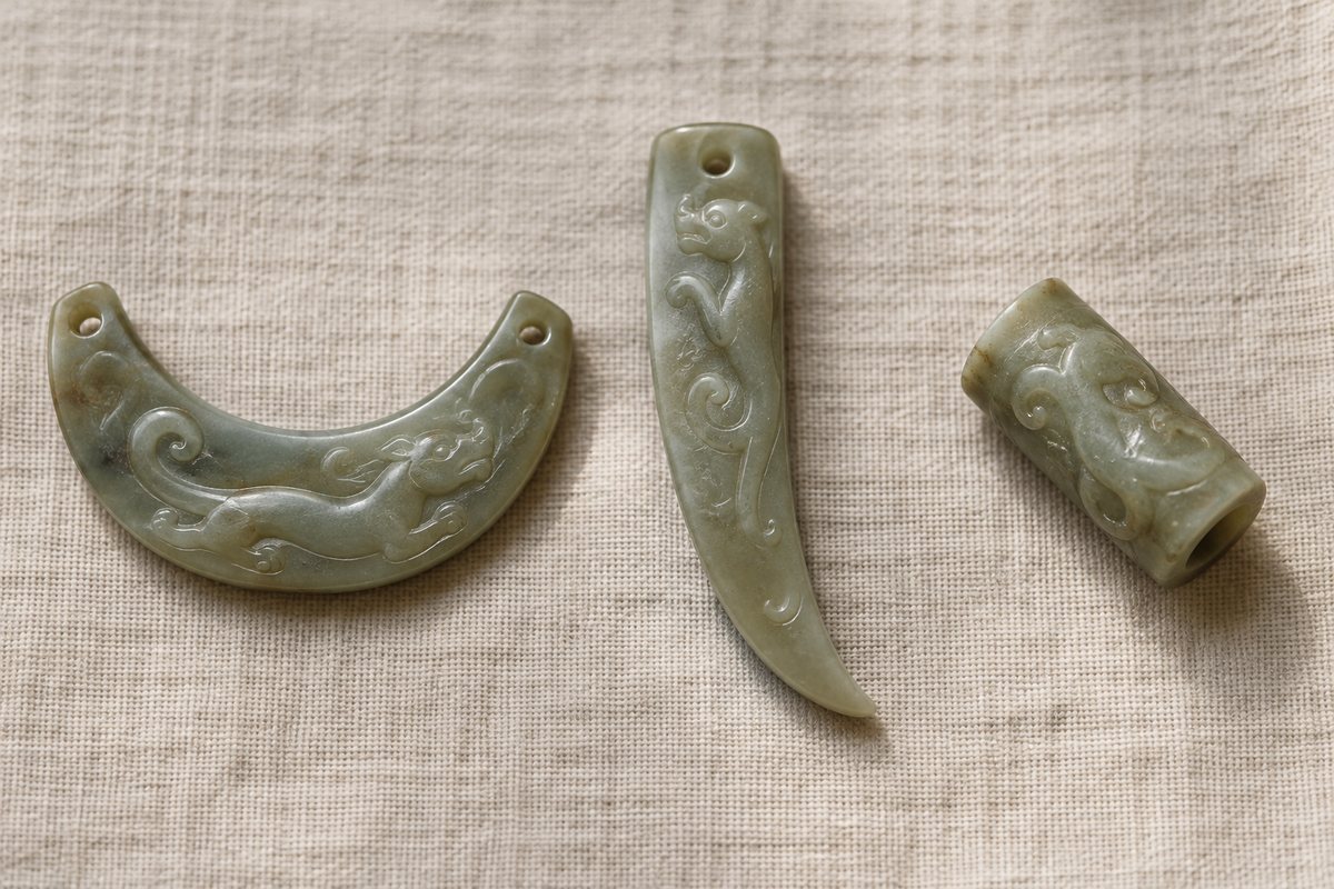 Arc-shaped huang, tapered xi, and hollow tubular le jade form studies on linen.