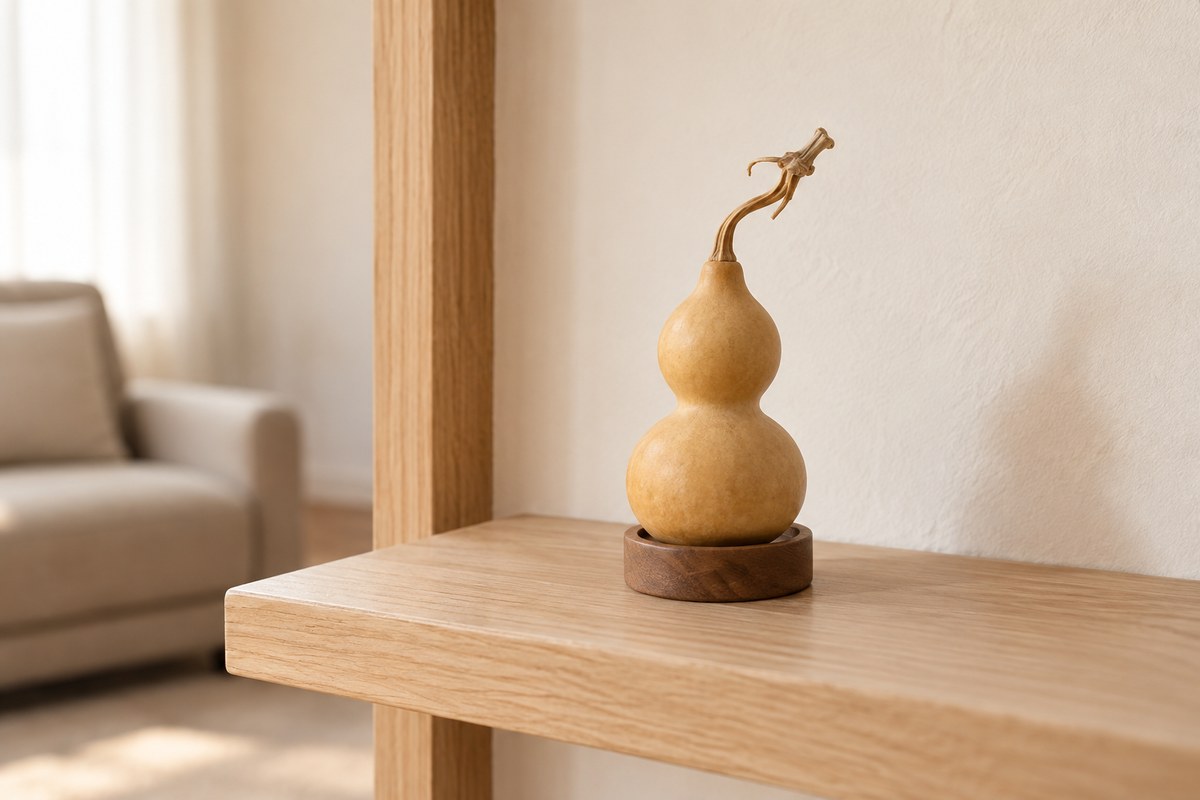 A dried gourd supported in a wooden cradle on a quiet household shelf.