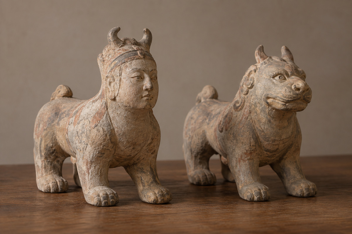 Human-faced and animal-faced earthenware guardians side by side