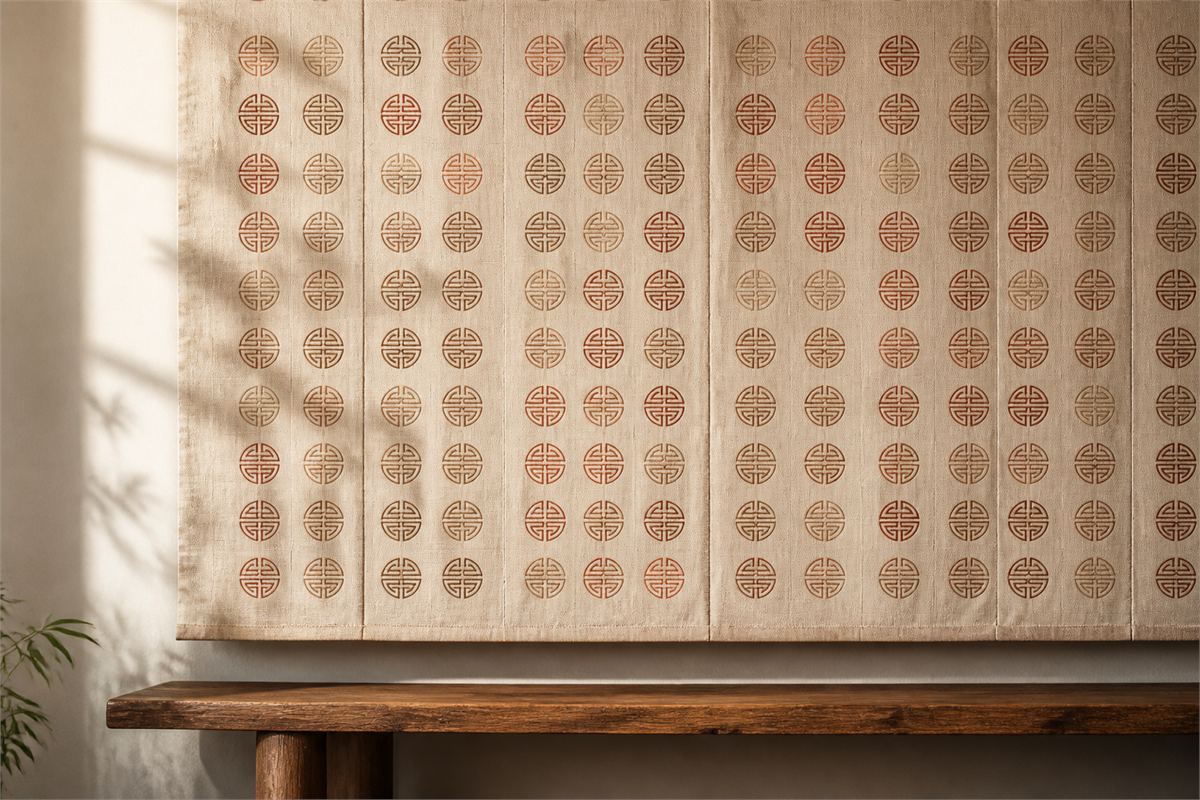 Cream woven textile panel covered with many muted red longevity medallions above a wooden bench