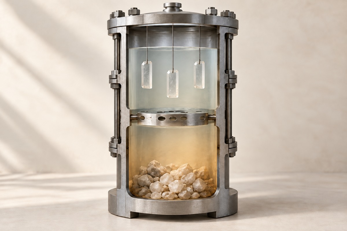 Cutaway illustration of a sealed vessel with nutrient below and seed crystals above