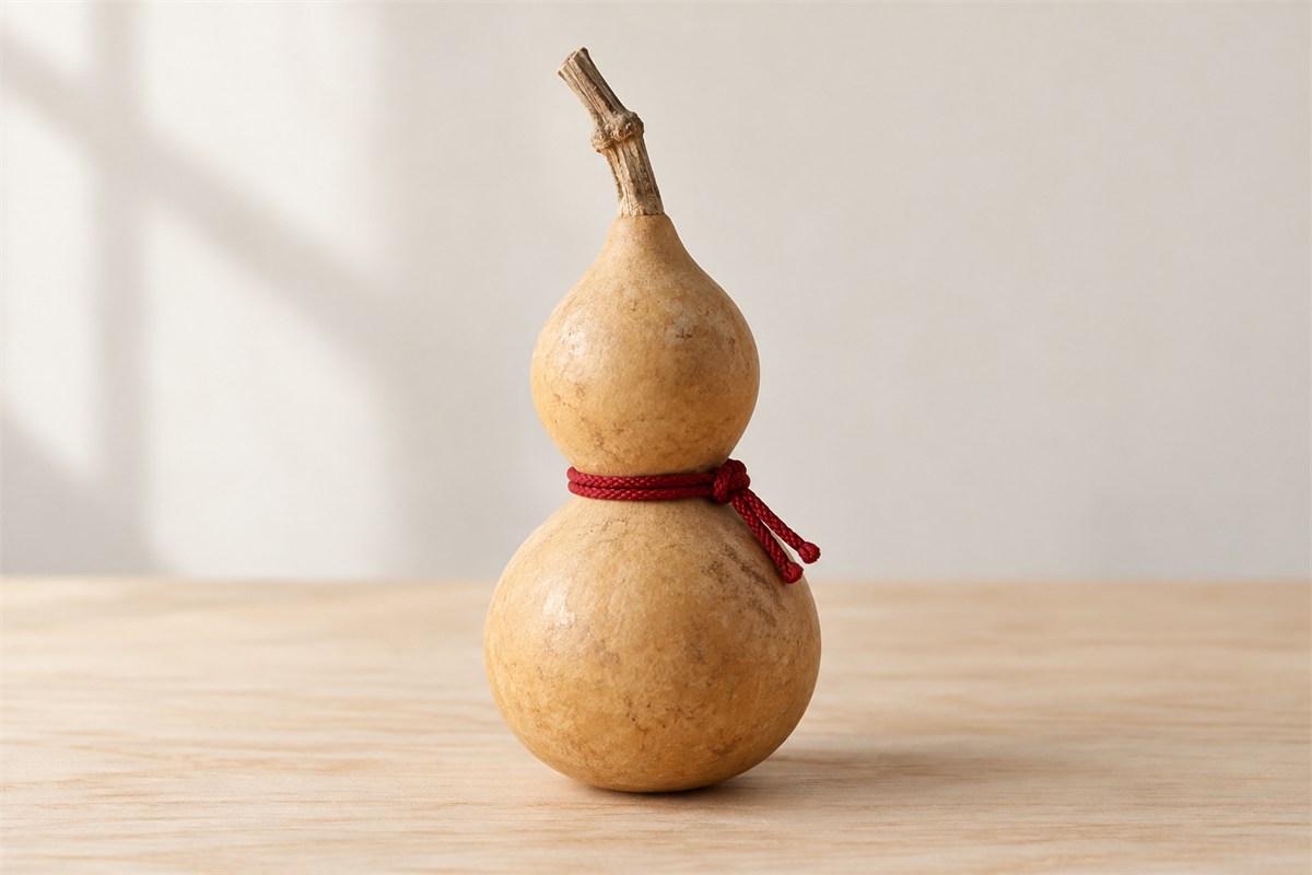 Natural dried bottle gourd with two rounded lobes and a red cord around its narrow waist.