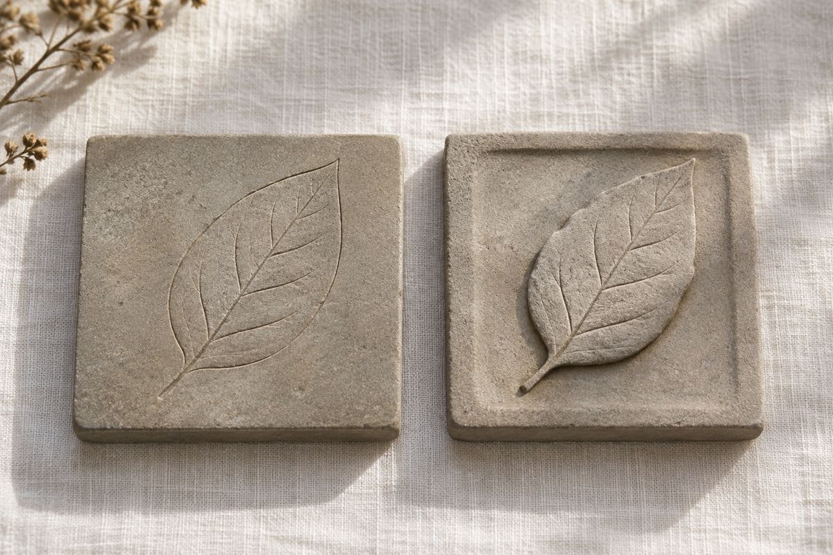 Two pale stone samples show an incised leaf and a low raised leaf.