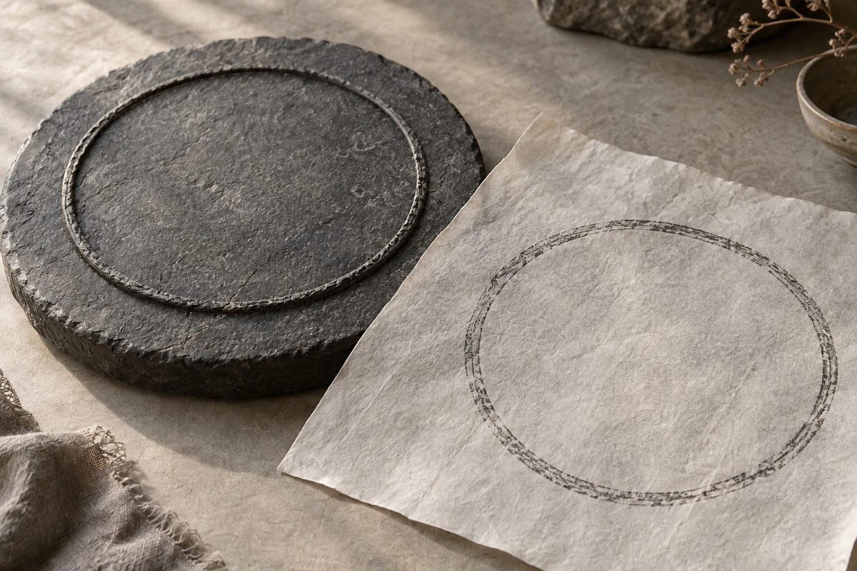 Ink on handmade paper reveals the texture of a carved stone surface.