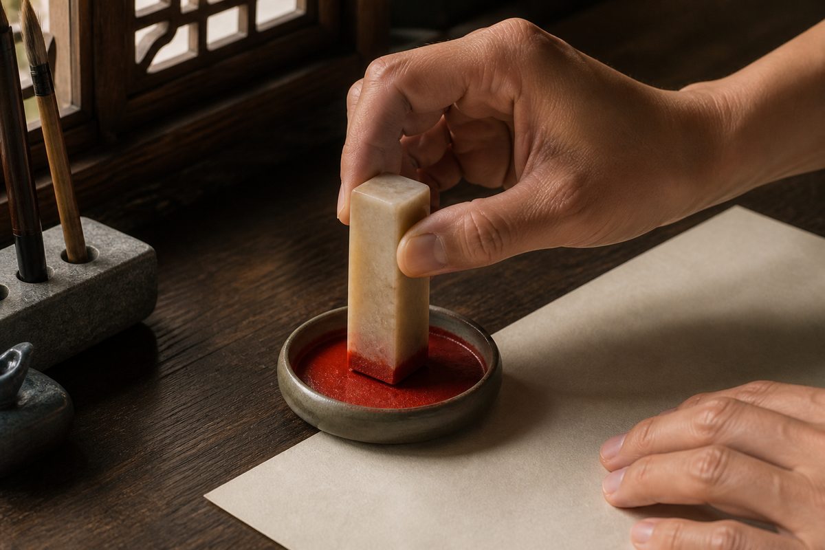 Hand applying cinnabar paste to a seal