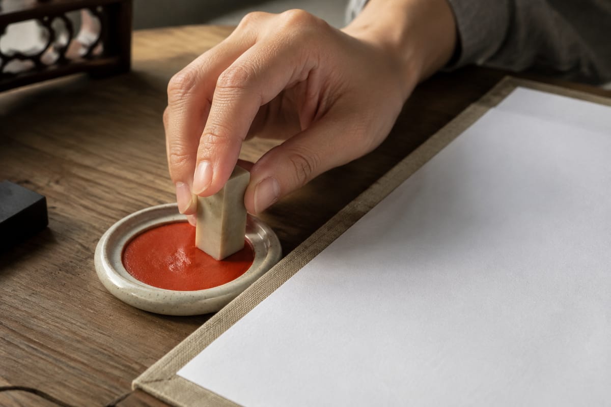 Hand applying a square stone seal to traditional red paste