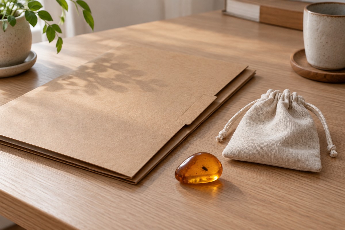 An amber pebble beside a closed plain paper folder and a soft pouch.