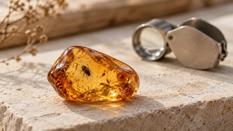 A honey-colored amber pebble and folding hand lens on pale stone.