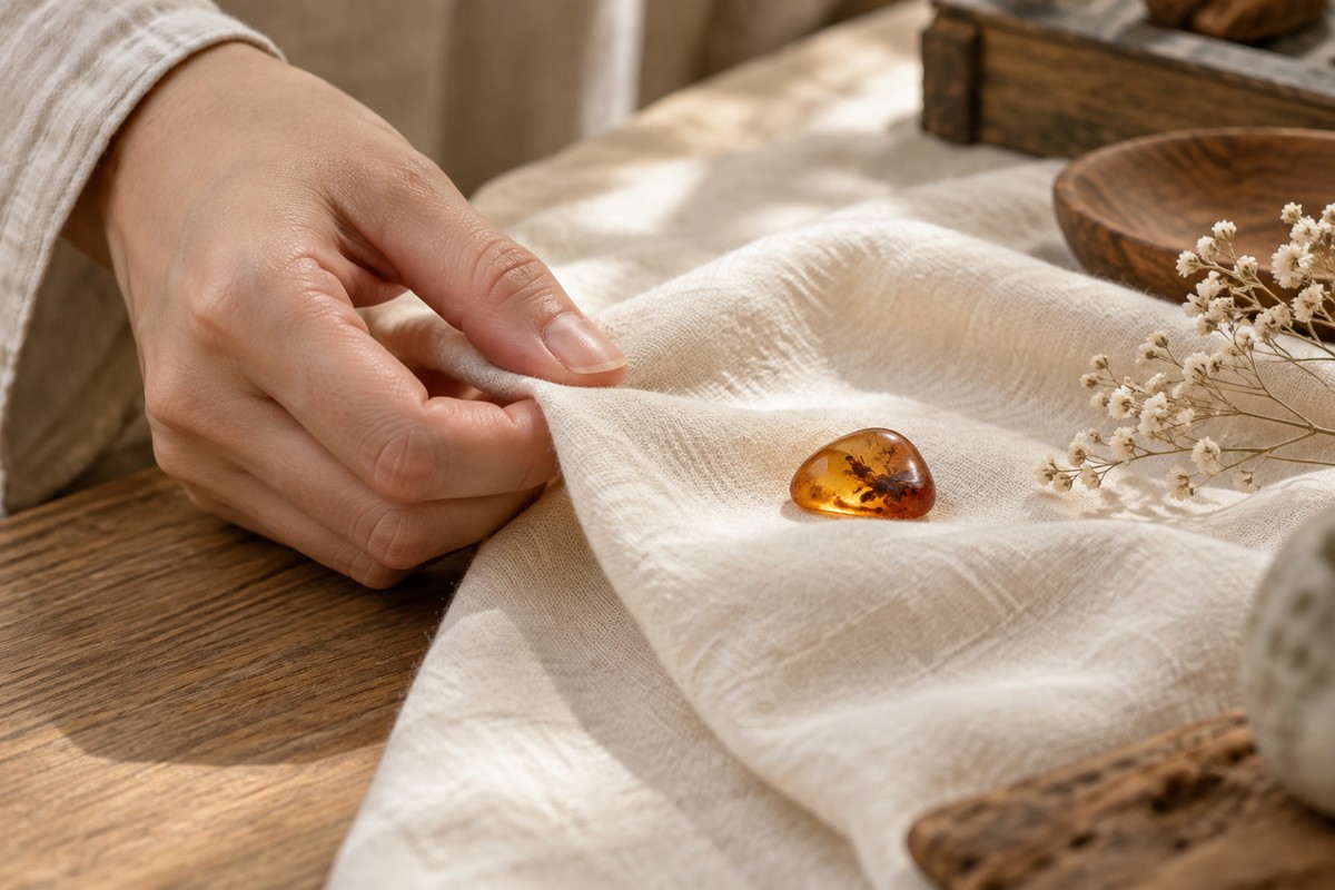 A hand holding a soft ivory cloth beside an amber pebble on a padded surface.