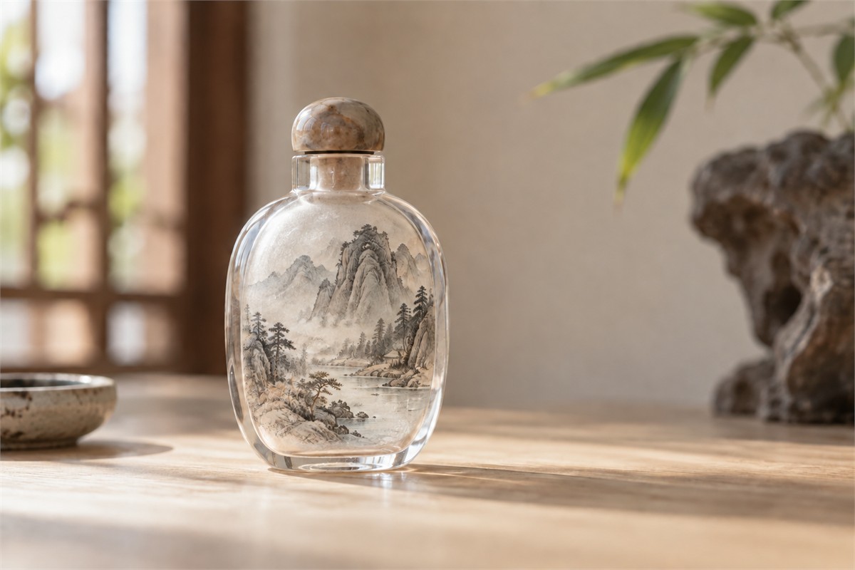 Clear glass snuff bottle with an interior mountain landscape and a pale stopper.