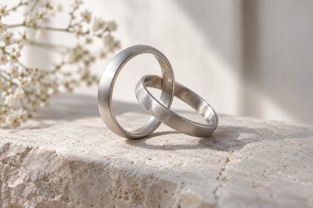 Two continuous brushed metal rings interlock in a close view against a pale background.