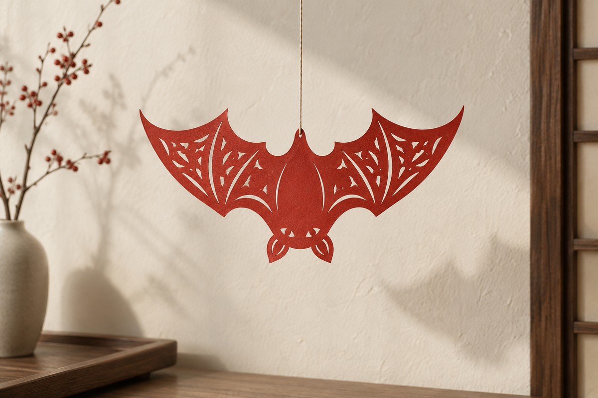 An upside-down red bat paper ornament hangs against an ivory wall.
