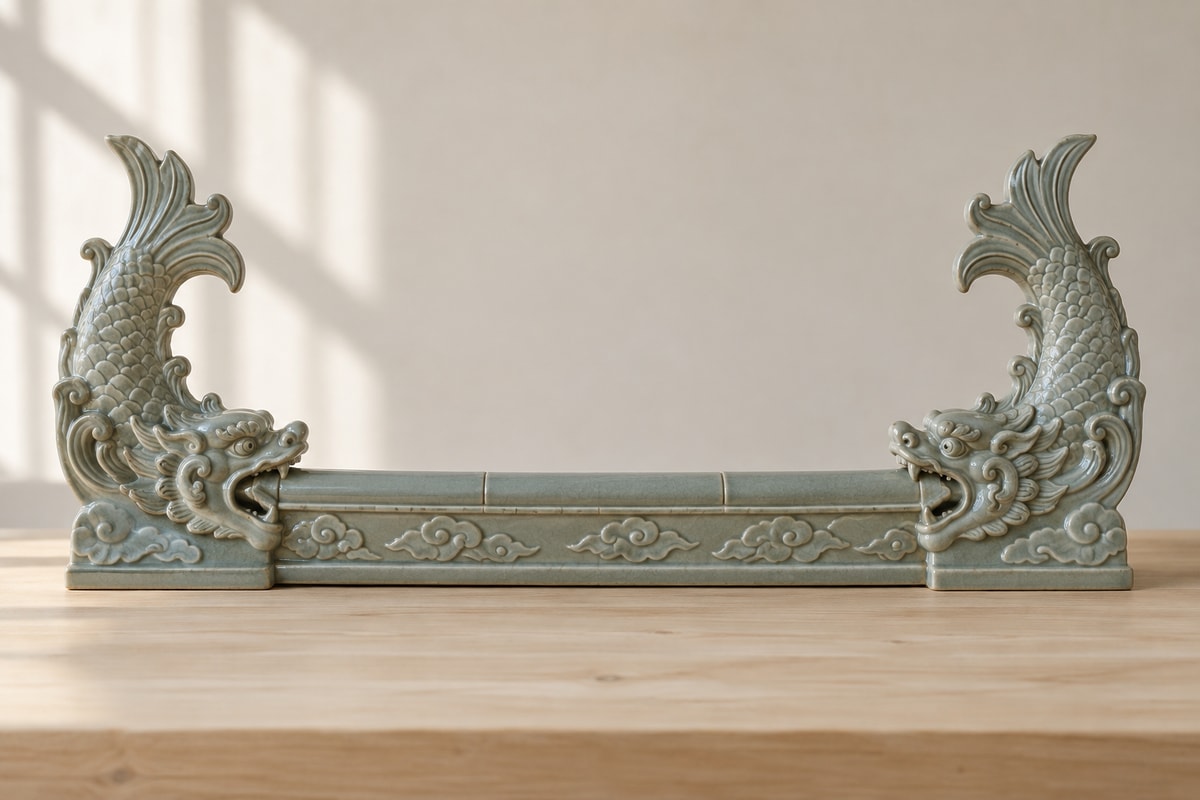 Two dragon-mouthed ceramic ornaments face inward and grip opposite ends of a model ridge.