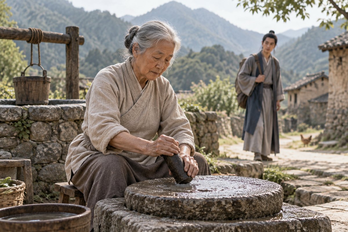 An older woman working an iron pestle against a wet stone beside a mountain well.