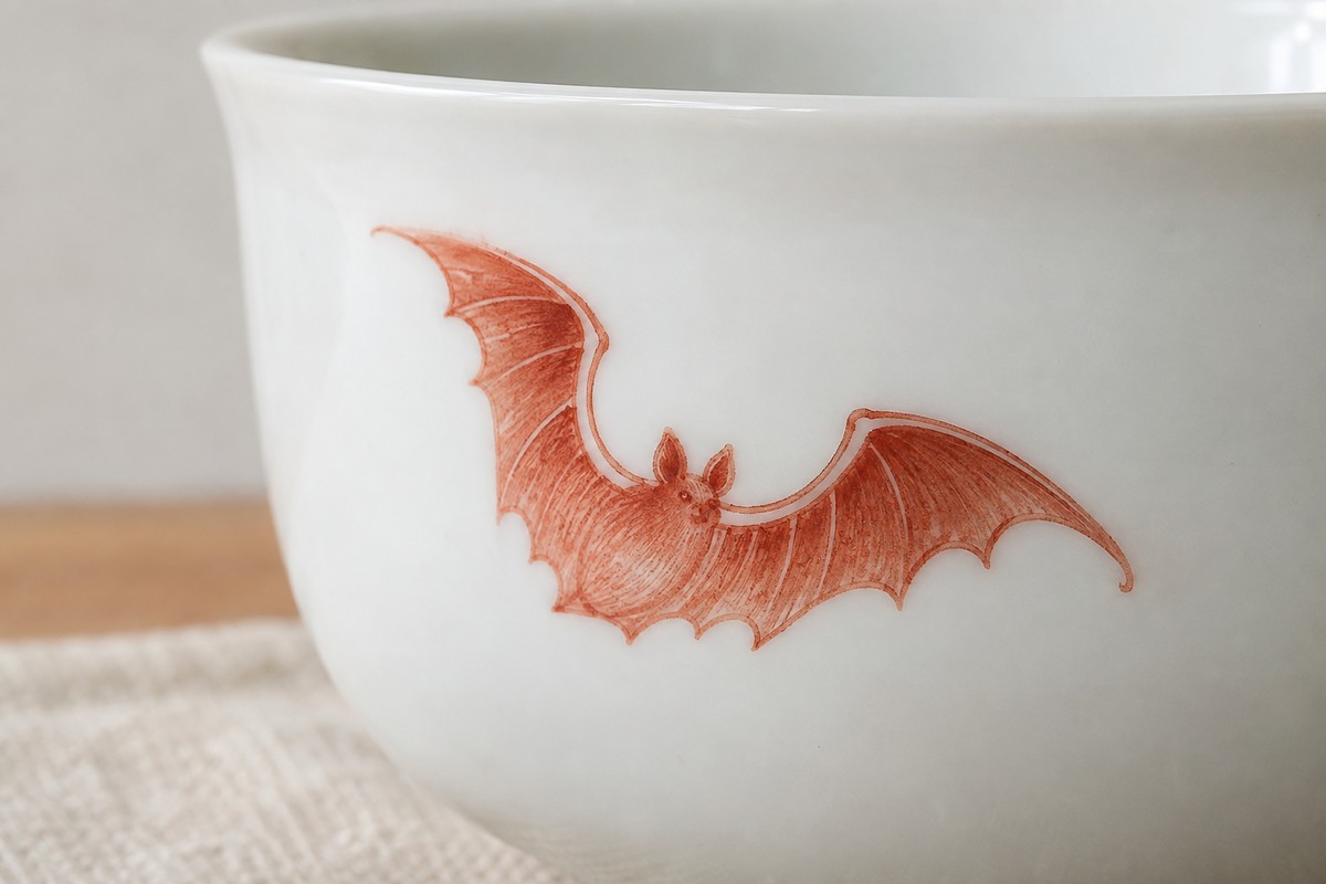 An iron-red bat motif painted across a glazed white ceramic surface.