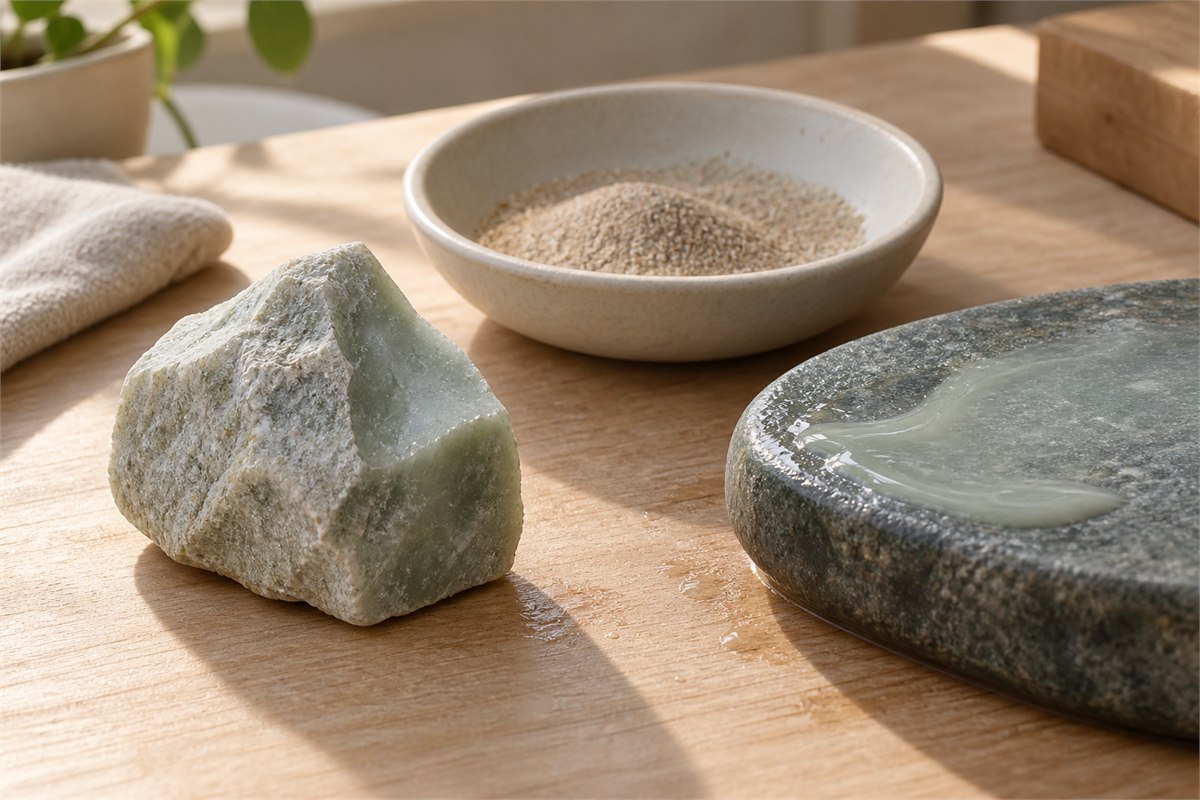 A rough green stone blank sits beside abrasive grains and a wet grinding surface.