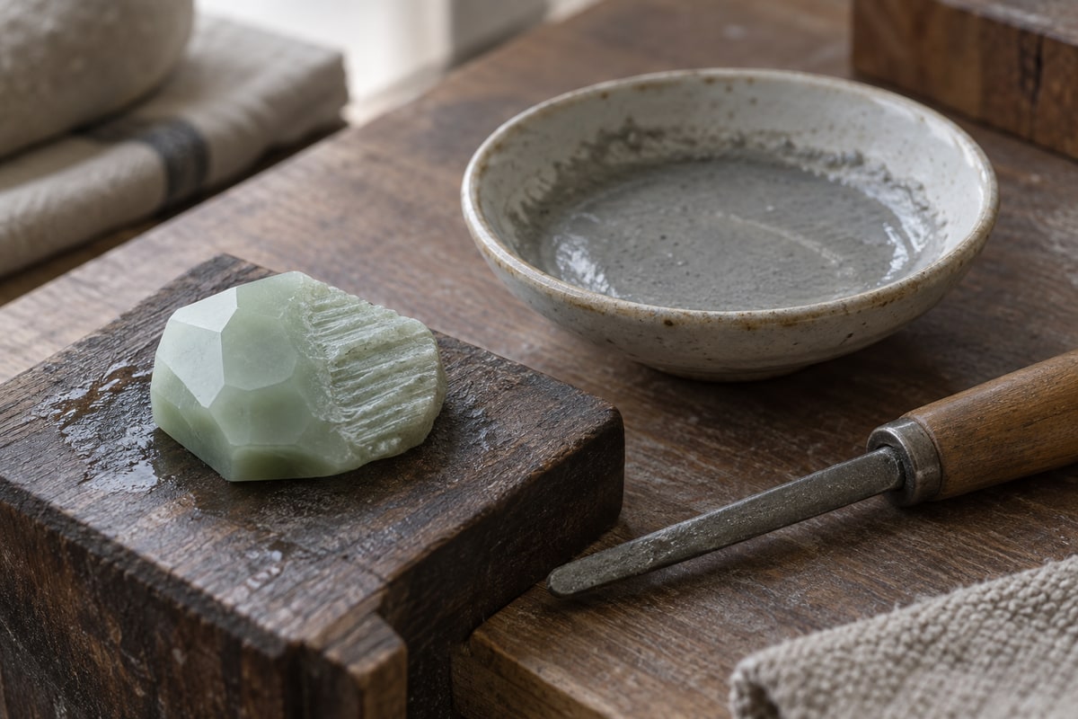 Jade working sample beside damp abrasive slurry and a resting hand tool