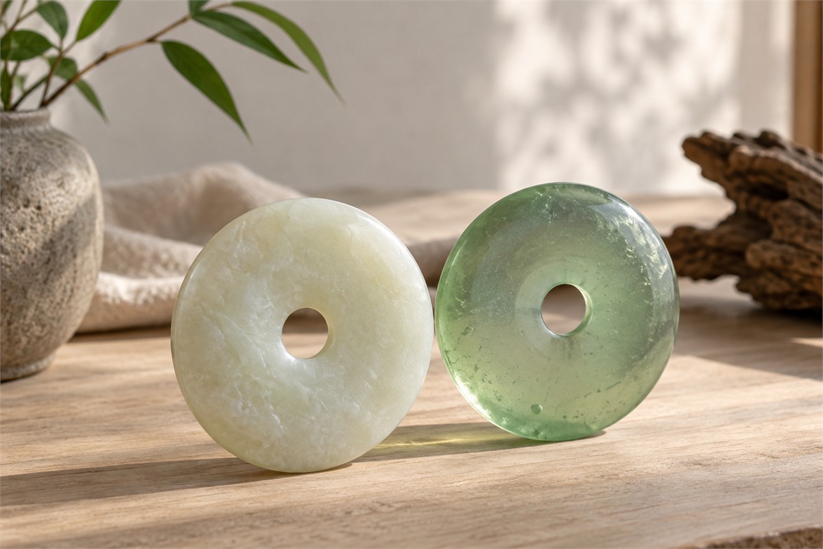 Pale stone disc beside a translucent green glass disc, both with central openings.
