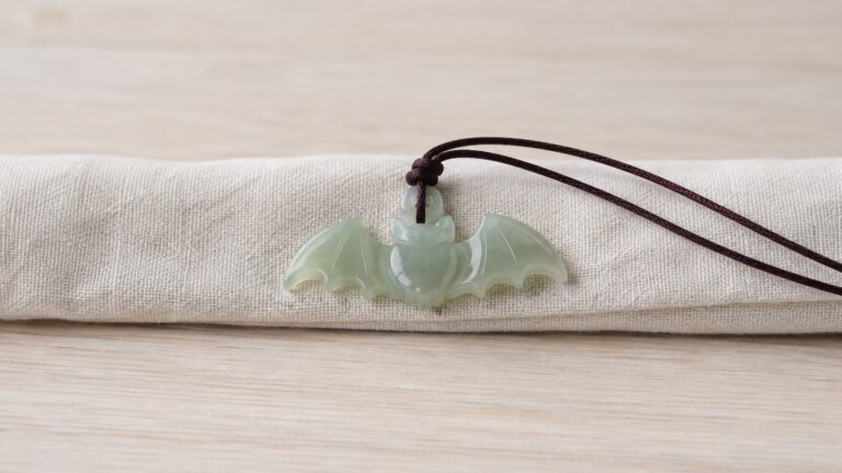 Pale green bat pendant with a burgundy cord on cream linen.