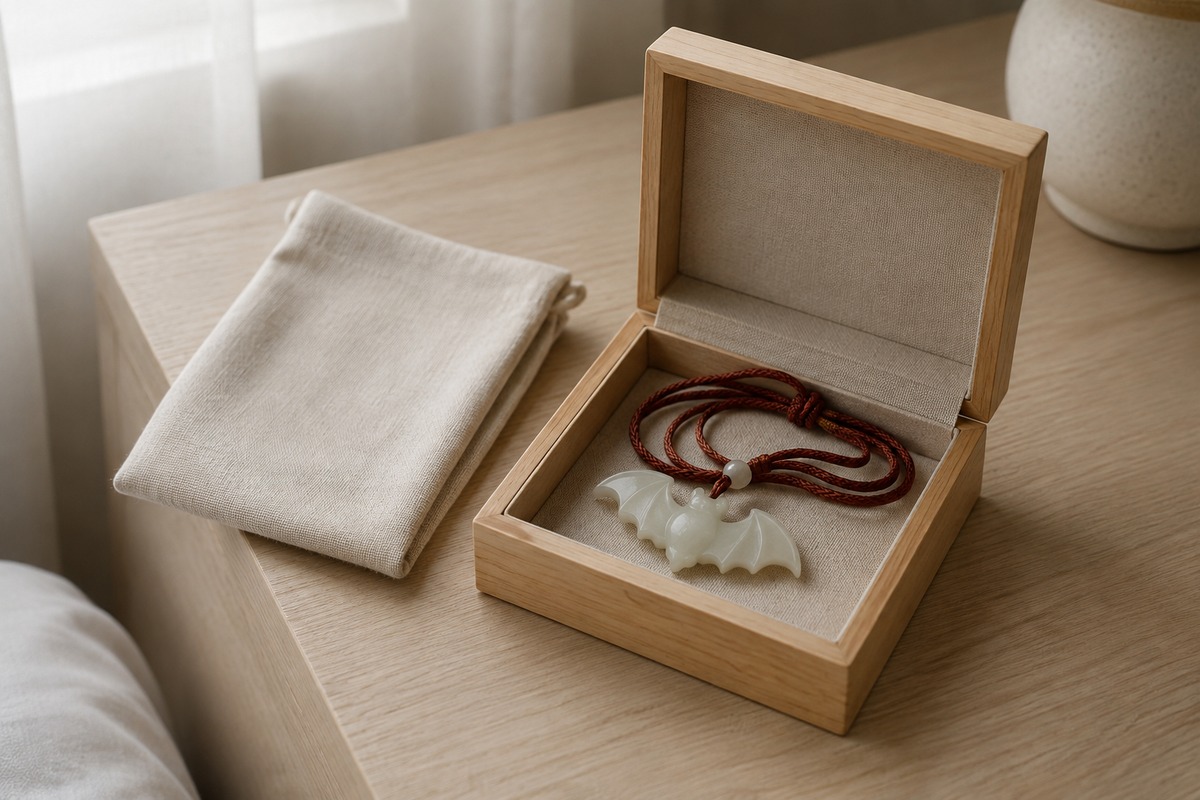 Pale bat pendant in a small wooden keepsake box beside a folded linen pouch.