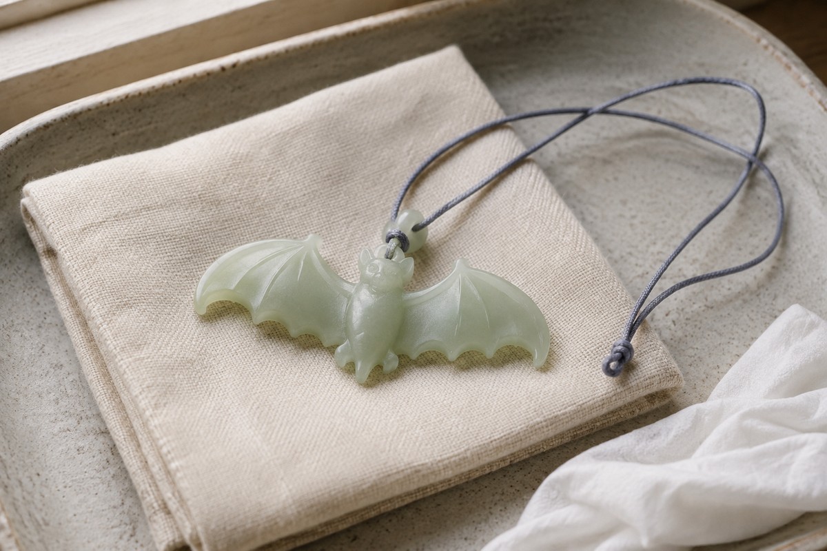 Jade bat pendant resting on a soft cloth beside a separate folded cleaning cloth.