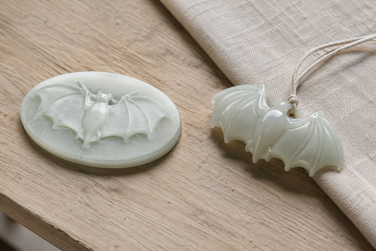 A shallow bat relief plaque beside a rounded bat carving on light wood.