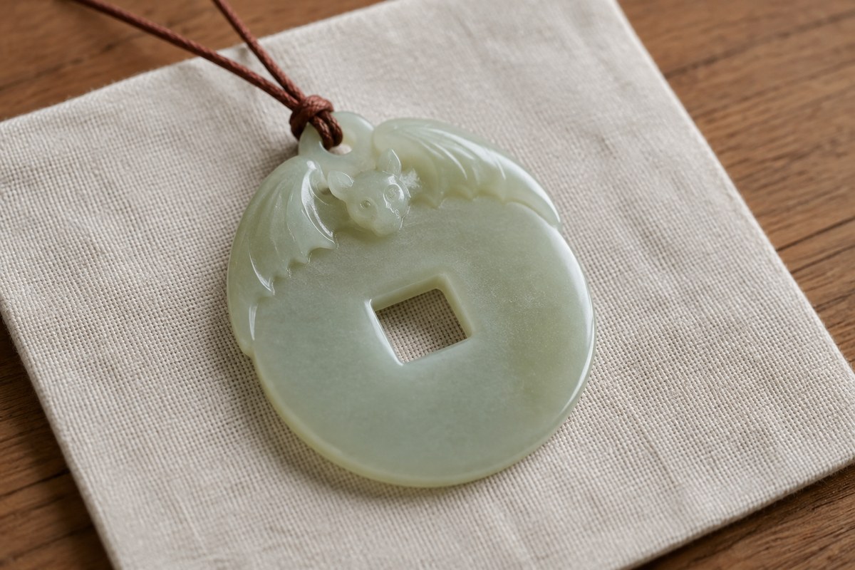 Pale jade bat-and-coin pendant with an uninscribed circular coin and square opening.