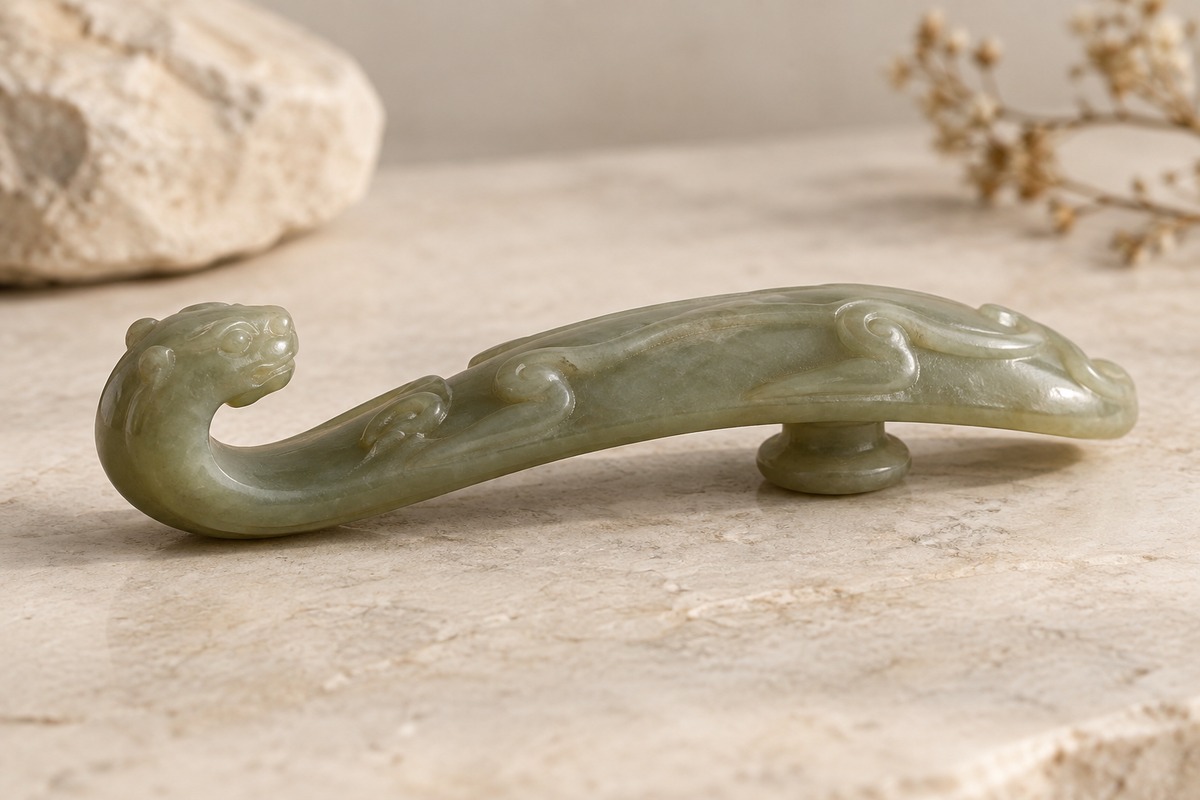 Side view of a jade belt-hook study showing its curved animal head and reverse fastening stud.