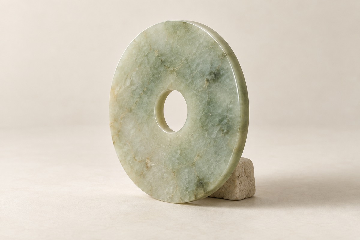 A softly mottled jade disc with a round central opening stands at a slight angle against a pale stone support.