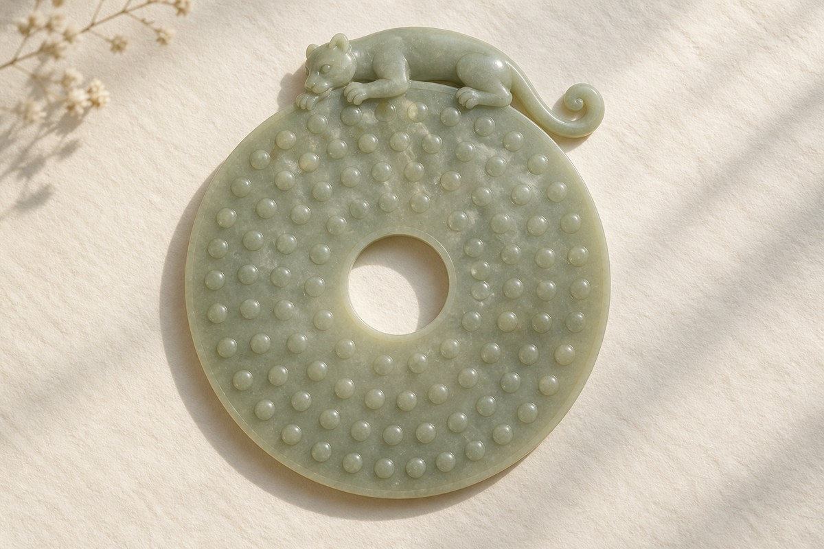 Broad green jade bi design with rounded bosses and a chi extending over its rim.