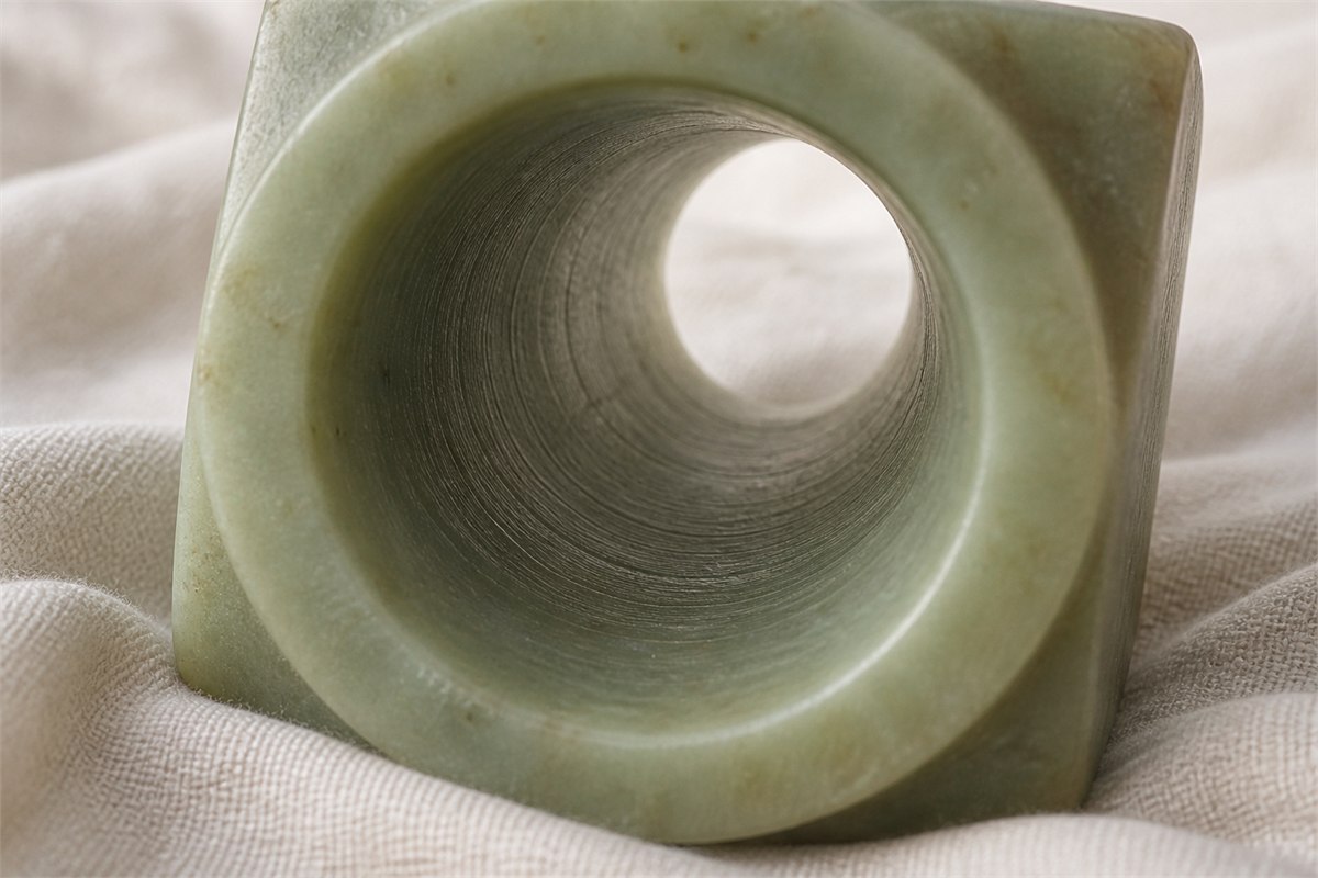Fine circular working marks line the round opening of a green stone model.