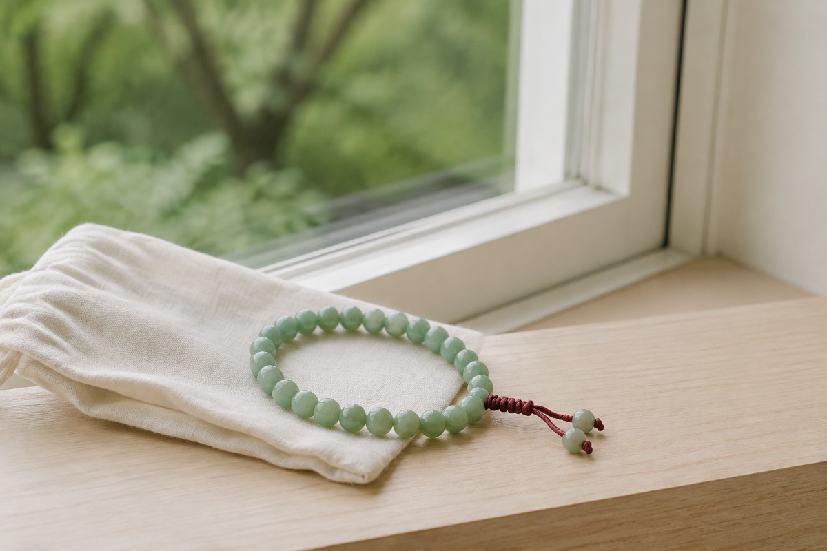 A green bead bracelet with a red cord knot on a linen pouch beside a garden window.